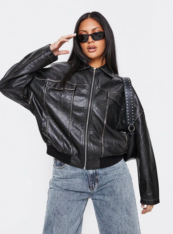 Tanza Faux Leather Jacket Washed Black