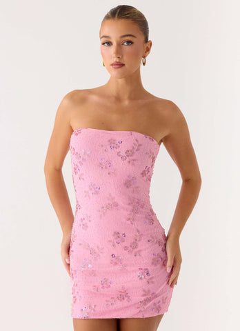 Push Back Beaded Sequin Mini Dress - Pink