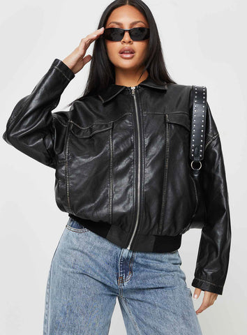 Tanza Faux Leather Jacket Washed Black