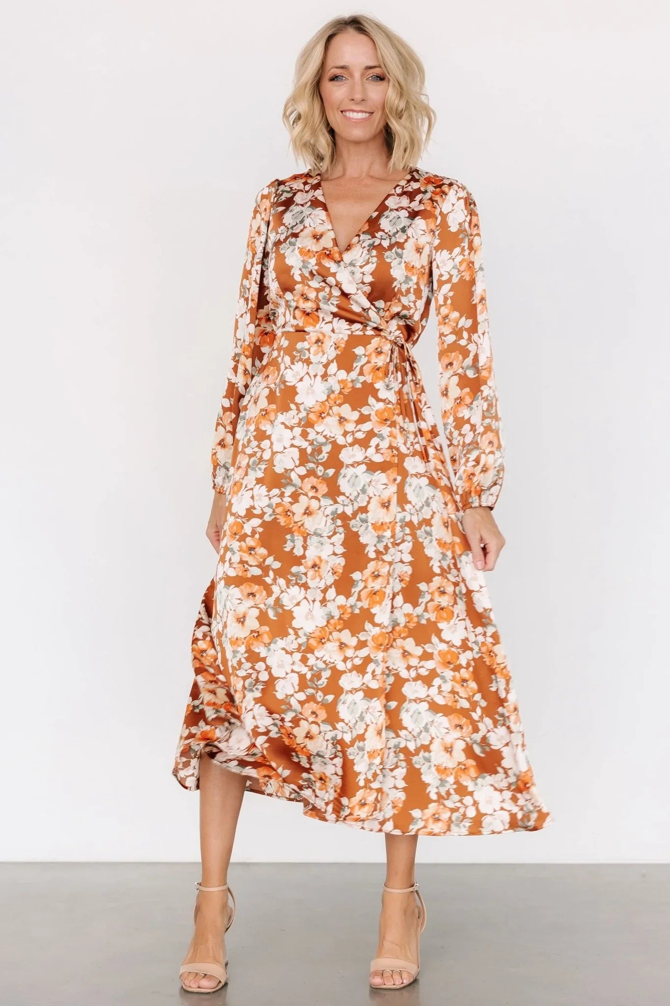 Clarissa Faux Wrap Midi Dress | Copper + Ivory