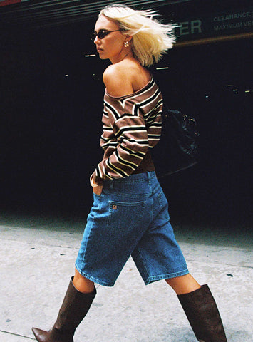 Retro Dream Mid Rise Longline Denim Shorts Mid Wash