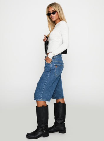 Retro Dream Mid Rise Longline Denim Shorts Mid Wash