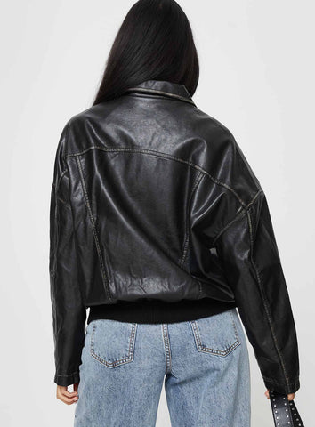 Tanza Faux Leather Jacket Washed Black