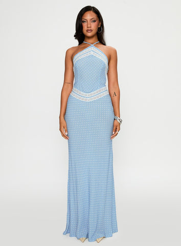Wild Joy Halter Maxi Dress Blue Polka