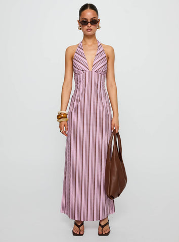 Avrie Halter Maxi Dress Pink / Brown Stripe