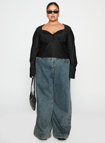Set For Life Foldover Detail Long Sleeve Top Black / White Pinstripe Curve