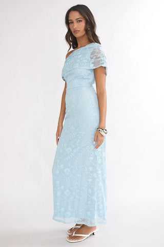 Elita Asymmetric Neckline Lace Maxi Dress Blue