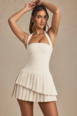 Asymmetric Layered Halterneck Mini Dress in Ivory