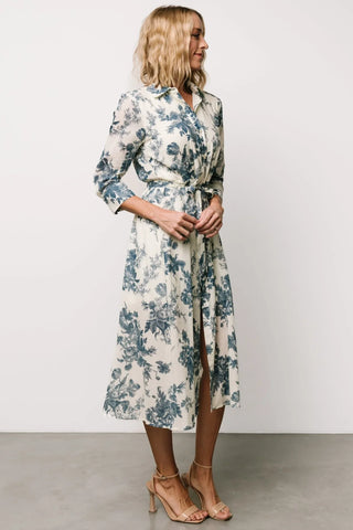 Eunice Button Midi Dress | Ivory + Blue Floral