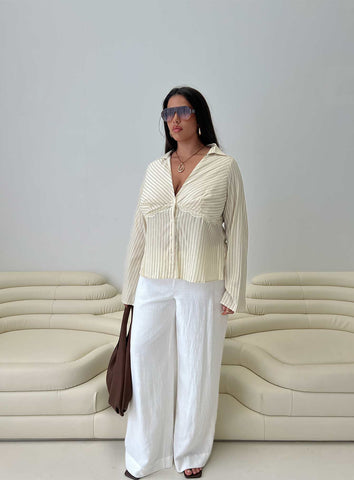Life Begins Long Sleeve Lace Trim Top Cream Stripe Curve