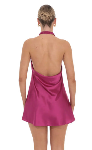 Satin Cross Halter Dress in Magenta