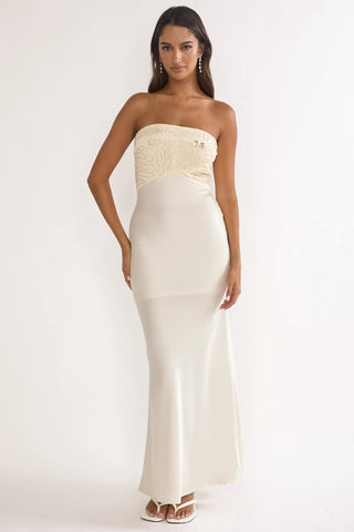 At Dusk Beaded Bust Strapless Maxi Dress Oyster