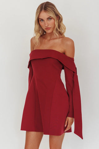 Aurora Sky Off-Shoulder Tie Mini Dress Wine