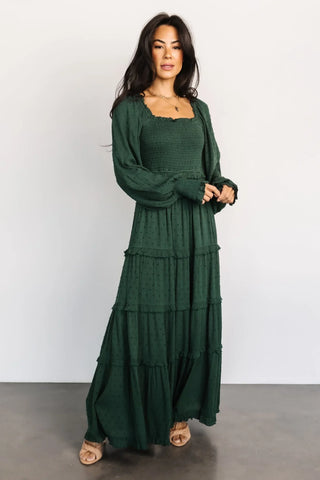 Amanda Smocked Dotted Maxi Dress | Evergreen