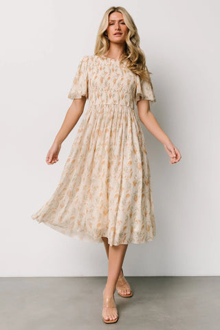 Bailey Smocked Midi Dress | Ivory + Golden Floral