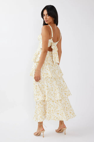 Provence Bloom Tiered Midi Dress Floral Yellow