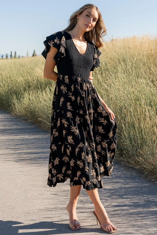 Estelle Smocked Midi Dress | Black + Tan Print