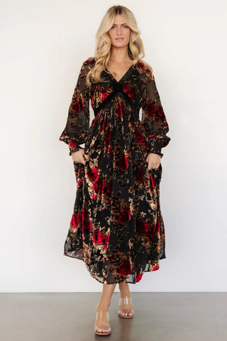 Adele Velvet Dress | Black + Rose Floral