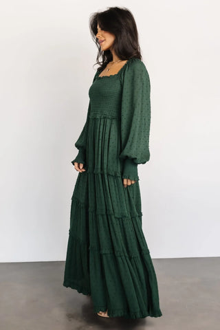 Amanda Smocked Dotted Maxi Dress | Evergreen