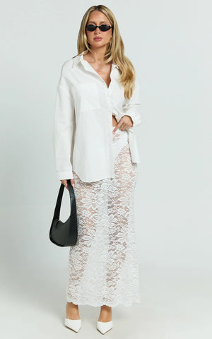 Dahlia Midi Skirt - Lace Skirt in White